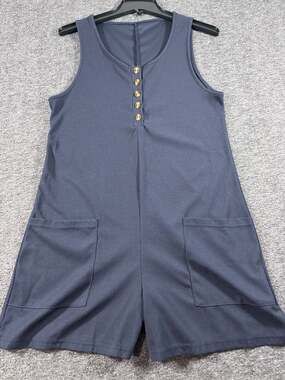 Women's Navy Waffle Knit Sleeveless Button Front Romper with Pockets